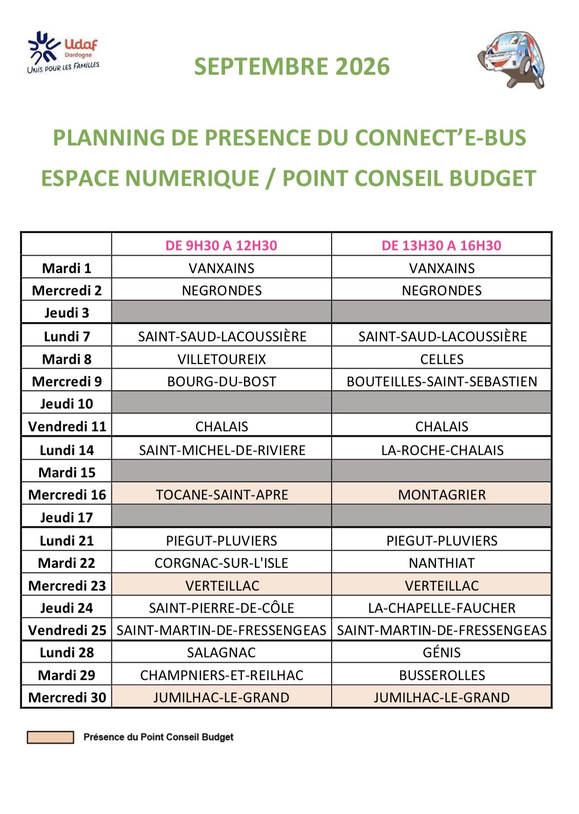 Planning des permanences du Connect'e-bus en septembre 2026 dans les communes de la Dordogne. À Champniers-et-Reilhac : mardi 29 septembre, de 9h30 à 12h30.