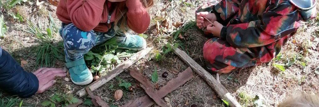 Des enfants de l'école La Lisière accroupis en forêt, occupés à ramasser des noix et des marrons.