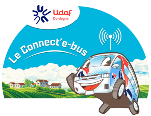 Logo du Connect'e-bus de l'UDAF de la Dordogne : un minibus stylisé, aux couleurs bleu, blanc et rouge, roulant sur une colline verte.