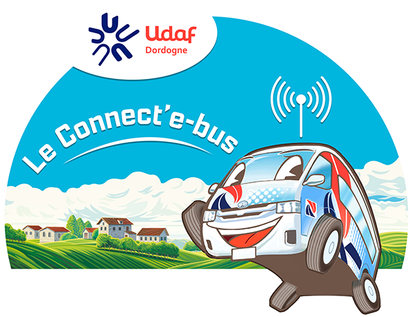 Logo du Connect'e-bus de l'UDAF de la Dordogne : un minibus stylisé, aux couleurs bleu, blanc et rouge, roulant sur une colline verte.