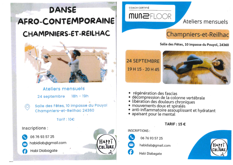 Affiche annonçant deux ateliers le 24 septembre 2026 à la salle des fêtes, 10 impasse du Pouyol, à Champniers-et-Reilhac : danse afro-contemporaine de 18h à 19h au tarif de 10 euros, et Munz Floor de 19h15 à 20h45 au tarif de 15 euros. Inscriptions au 06 76 93 57 25 ou par courriel à habidiab@gmail.com. Ateliers animés par Habi Diabagate, Happï Culture.