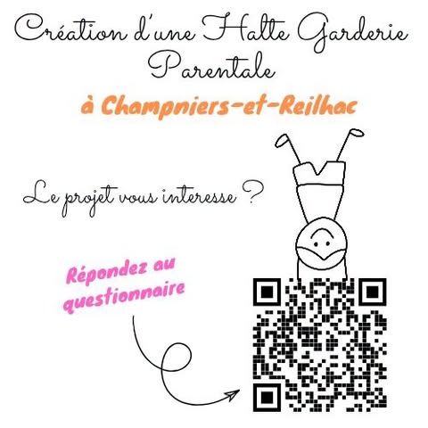 Affiche annonçant la création d'une halte-garderie parentale à Champniers-et-Reilhac, avec un QR code menant au questionnaire en ligne pour donner son avis sur le projet.