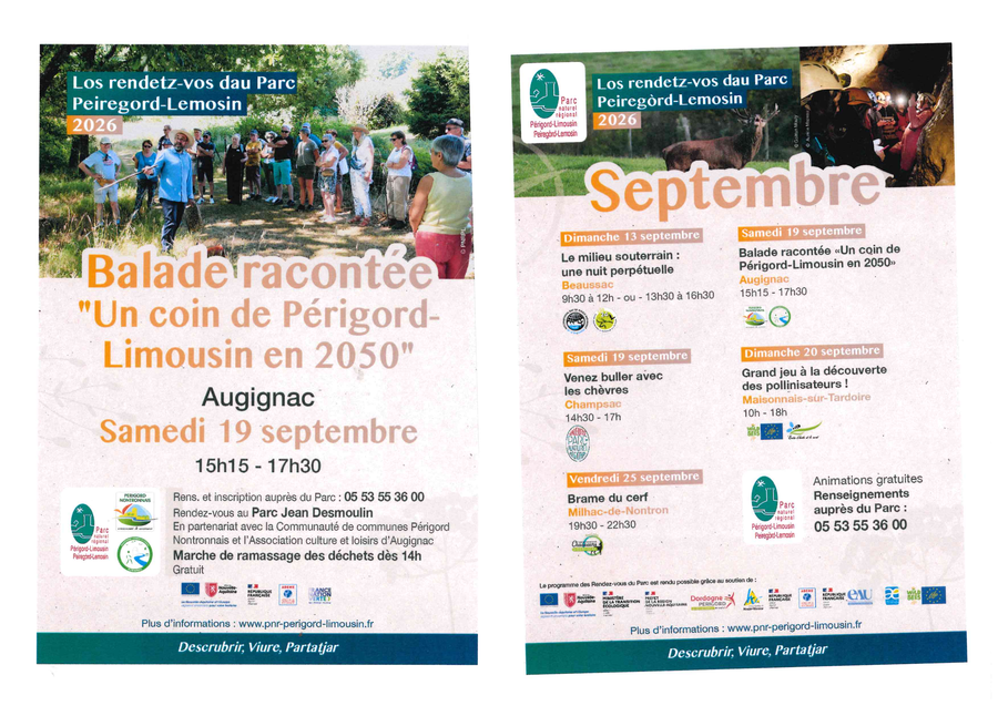 Affiche des rendez-vous de septembre 2026 du Parc naturel régional Périgord-Limousin : dimanche 13 septembre, le milieu souterrain à Beaussac ; samedi 19 septembre, balade racontée à Augignac et rencontre avec les chèvres à Champsac ; dimanche 20 septembre, grand jeu sur les pollinisateurs à Maisonnais-sur-Tardoire ; vendredi 25 septembre, brame du cerf à Milhac-de-Nontron. Animations gratuites, renseignements auprès du Parc au 05 53 55 36 00.